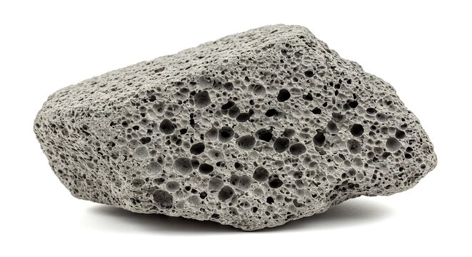 A porous gray pumice rock rests on a white background displaying its many cavities and rough texture