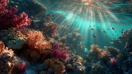 Fototapeta premium Sunbeams pierce through ocean water illuminating vibrant coral reef and fish in clear turquoise sea at midday