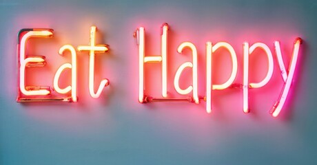 Bright neon sign displays words Eat Happy. Pink, orange glow contrasts dark background. Simple message, positive vibes.