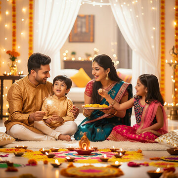 Indian Family Celebrating Diwali &ndash; Festival of Lights with Traditions, Diyas, and Festive Joy