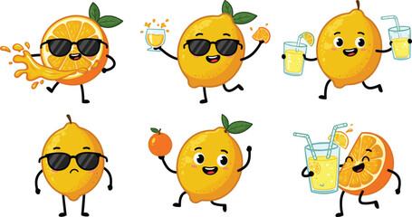 Cute lemon and orange cartoon characters with juice glass, sunglasses, citrus fruit mascot, healthy drink, funny smiling fruit vector illustration