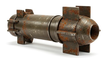 A rusty cylindrical metal bomblike object with fins lying on a white surface