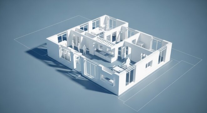 White Architectural House Model on Blue Background in 3d Rendered Style