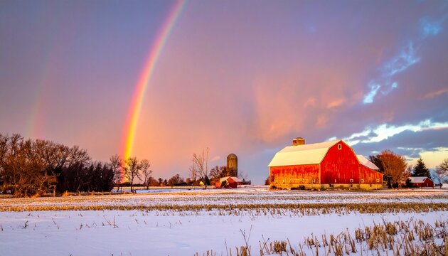 A magical double rainbow illuminates a snowy rural landscape with a picturesque red barn under a dramatic, colorful sky - Powered by Adobe