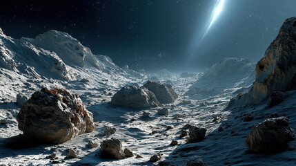 Sparse rocky terrain of an exo planet or moon under the bright sun with cosmic debris and rock formations