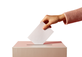 Hand inserting a ballot into a pink ballot box