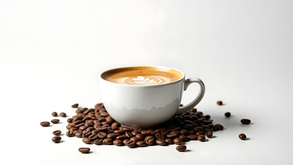 Obraz premium Coffee Cup with Coffee Beans on White Background