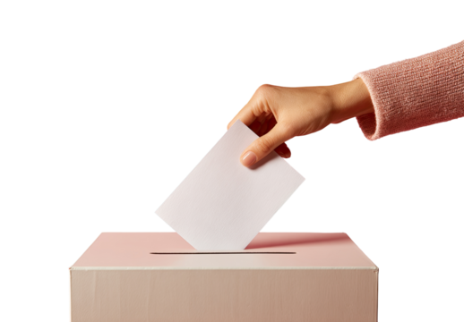 Hand inserting a ballot into a pink ballot box