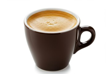 Obraz premium A rich espresso, served in a dark brown ceramic cup, with a frothy crema topping, against a plain white background.