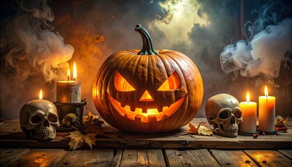 Autumn decor with pumpkins in witch&rsquo;s hats and black flying bats