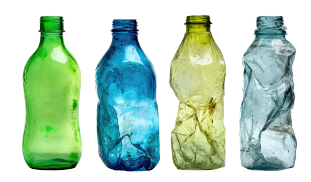 Four plastic bottles, various colors, in different states of degradation