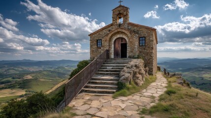 Fototapeta premium Rustic stone chapel on hilltop with panoramic view of rolling hills