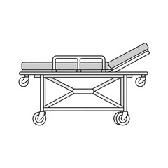 Side view of a medical stretcher with adjustable bed and wheels.