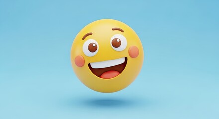 Fototapeta premium A cheerful yellow emoji face with a big smile and eyes, against a blue background.
