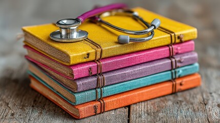 Study material showing stethoscope resting on stack of colorful notebooks on desk