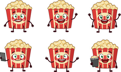 Cute popcorn character, funny popcorn cartoon, happy cinema snack, movie food design, adorable popcorn mascot, tasty popcorn art, kawaii popcorn illustration