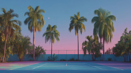 Cancha de tenis rodeada de palmeras al atardecer paisaje tropical con tonos pastel, tenis aesthetic, tenis vaporwave, tenis old money 