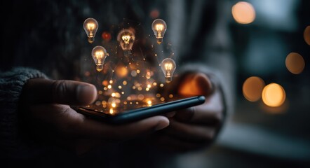 Hands cradle a phone, shimmering lights and bulbs float from the screen in a bokeh haze, suggesting innovation and bright ideas emerging digitally