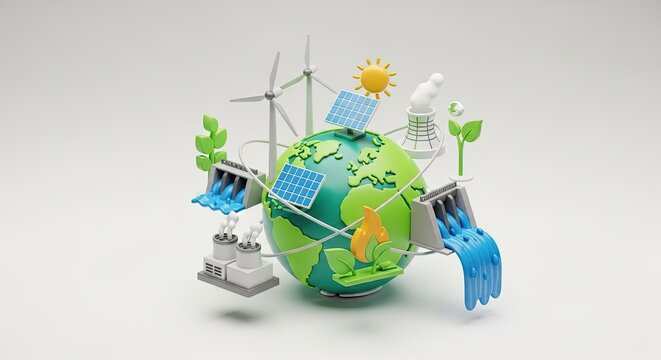 A globe with solar panels, wind turbines, and a sun on a white background.