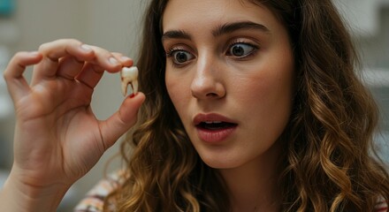 A woman gazes surprised at a tooth shes holding between her fingers a bit of blood visible