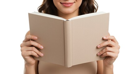 A woman holds a beige open book partially obscuring her face showcasing her smile