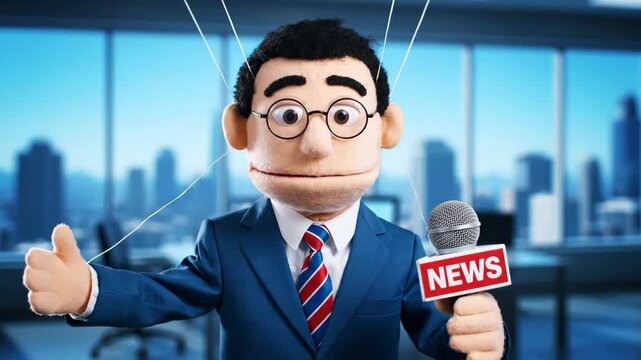 A puppet of a news anchor controlled by strings holds a microphone in a television studio symbolizing media manipulation propaganda or fake news