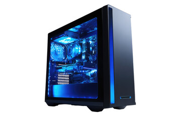 High-tech computer case with vibrant blue lighting.  Internal components visible through transparent side panel.  Sleek modern design