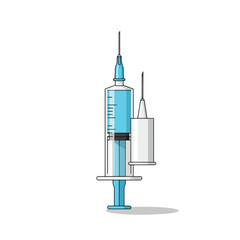 Illustration of two medical syringes, one filled with blue liquid, for injections or vaccinations.