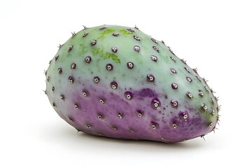 A colorful prickly pear fruit resting on a natural wooden background