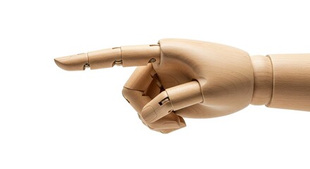 A wooden mannequin hand points to the left showing articulated fingers and wrist against a white background