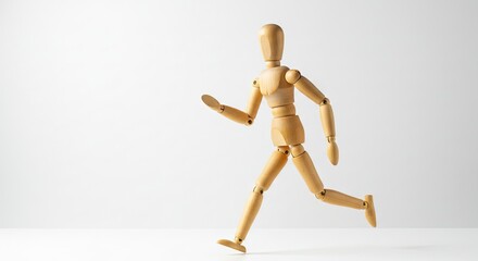 A wooden mannequin in a running pose stands against a white backdrop