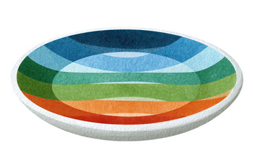 A colorful, abstract dish featuring layered hues of blue, green, and orange, showcasing a modern design with a smooth, rounded surface.