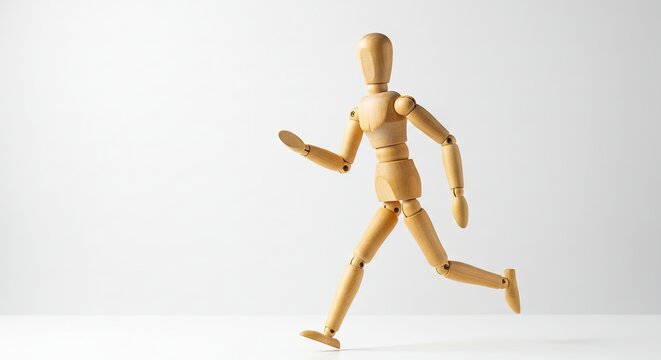 A wooden mannequin in a running pose stands against a white backdrop