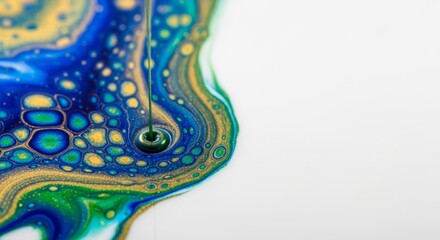 Mesmerizing Fluid Art: Vibrant Blue, Green, and Gold Swirls with Dripping Paint on White.