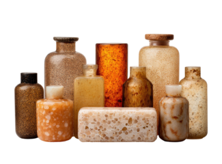 Assorted bottles and soap bars in various shades of amber, beige, and brown, showcasing unique textures