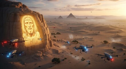 Future echoes ancient faith Jesus digital mural drones Egypt pyramids sunset