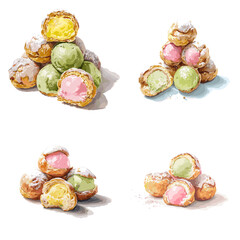 Illustration set of cream puffs with colorful ice cream scoops and powdered sugar, ideal for pastry, confectionery, and bakery design projects.
