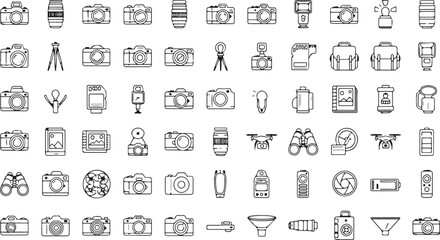 Collection of diverse outline icons representing technology business travel and everyday objects vector