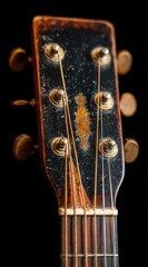 Close-up of a worn guitar headstock shows strings, tuning pegs, and distressed finish on a dark background. Texture and age are prominent
