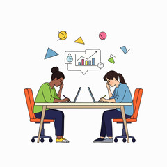 Two diverse professionals engage in productive hybrid work, fostering collaboration and achieving work-life balance in a modern, flexible environment.