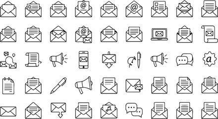 Collection of diverse hand-drawn email icons representing communication and digital messaging concepts vector