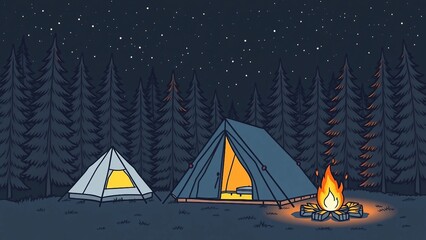 Glowing tent in a pine forest at night with campfire and starry sky, cozy camping adventure scene.