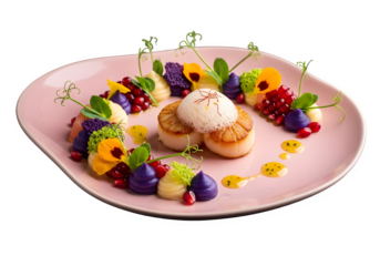 Seared Scallops with Edible Flowers, Pomegranate Seeds, and Foam Garnish – Fine Dining Plating, Modern Culinary Art, High-Resolution Food Photography, Transparent PNG Overlay