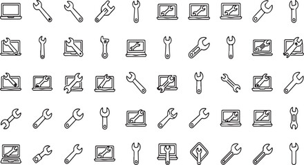 Collection of hand drawn icons representing computers and tools for it support and repair vector