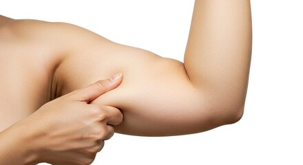 Fototapeta premium Arm with hand pinching skin showing a roll Light skin tone Isolated against a white background