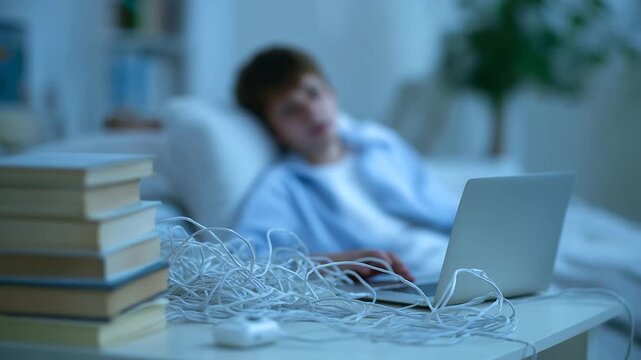 A sophomore charges a laptop in a dorm with cables tangled books open and a roommate snoring in the background depicted in a studious photo with cord knots page textures and