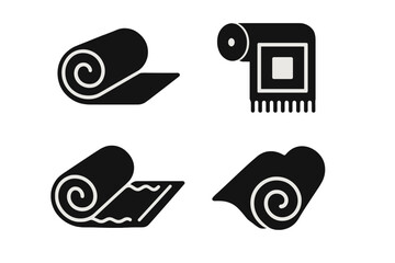 Rolled carpet, rug, mat vector icon set. Black silhouette symbols for textile, flooring, interior design. Linoleum, yoga mat, fabric roll illustration. Simple graphic element.