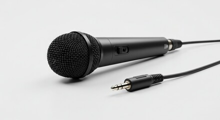 Black microphone on white featuring mesh head switch cable and jack