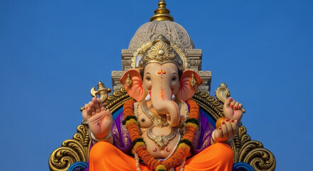 Fototapeta premium Ornate statue of Ganesha, Hindu deity, seated on a golden throne, against a vibrant blue sky.
