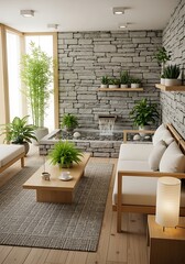 Fototapeta premium Zen-inspired sanctuary featuring an indoor garden and serene waterfall creates harmonious living space emphasizing